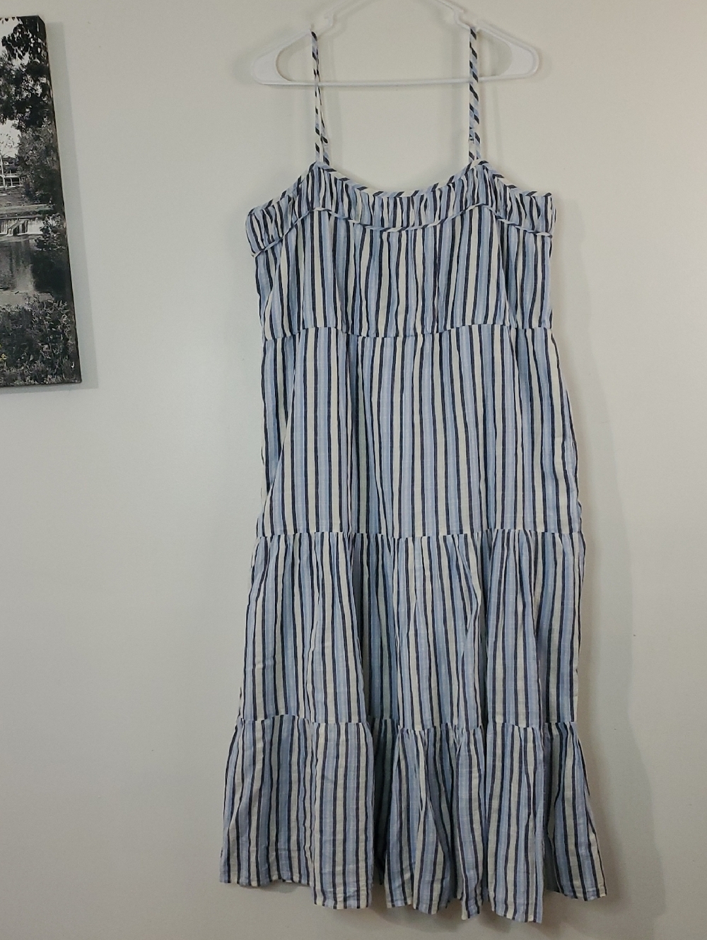 Aerie Striped Blue White Tiered Sundress - Sleeveless Midi Size Lg Cotton Resort - Picture 3 of 14